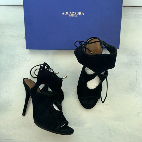 Aquazzura Sexy Thing 105 Cutout Peep Toe Sandals Sz 36 Black Suede Back Ties - Picture 7 of 13